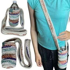Handmade Multicolor Crochet Water Bottle Holder Bag Wheat Stitch Boho Crossbody
